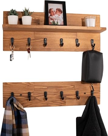 Coat Rack with Shelf | Floating Shelf Entryway Organizer Towel Rack Key Holder Leash Holder Key Hooks Wall Mounted Mask Holder Rustic Wooden 36" L-SET OF 2 9 hooks
