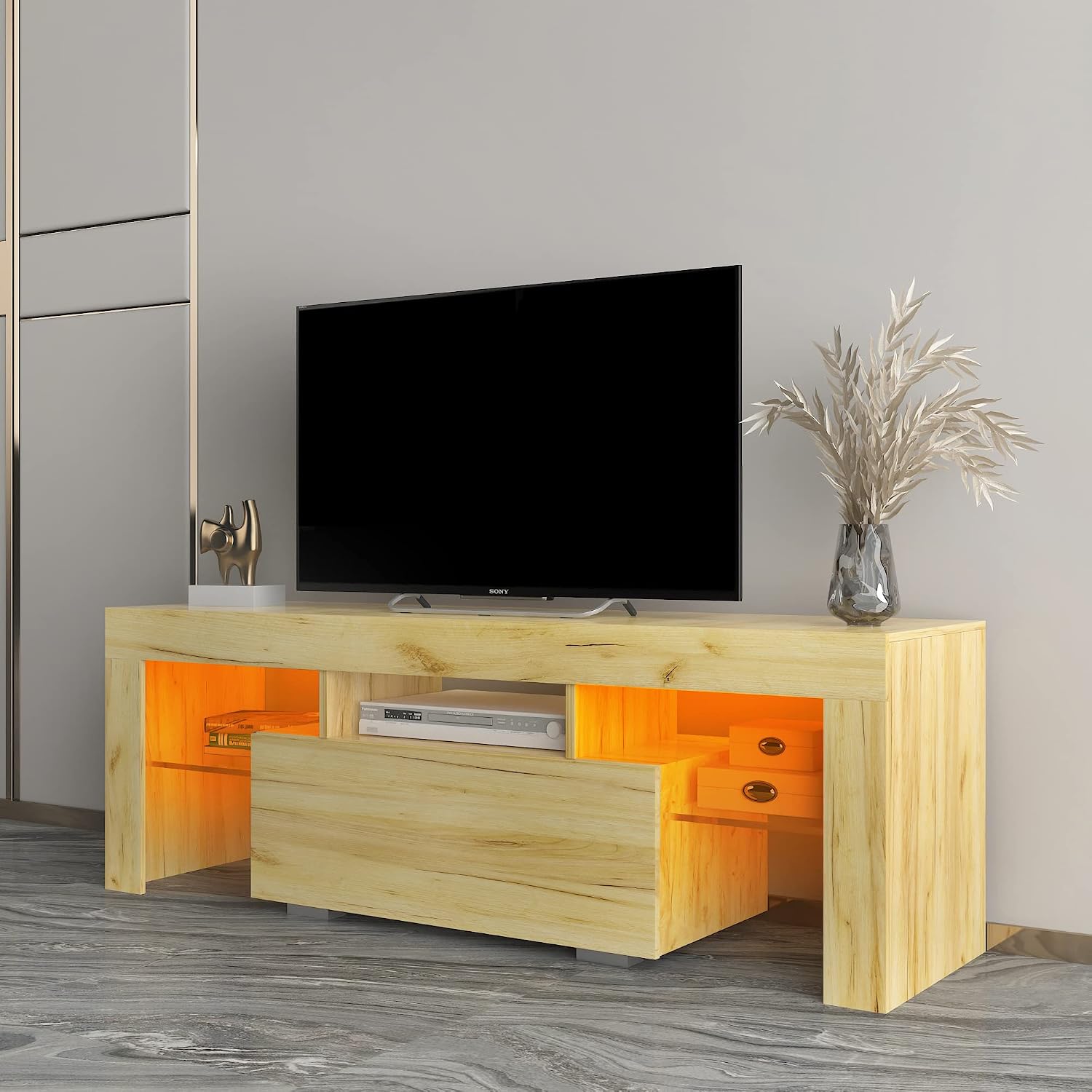 TV Stand for TV's up to 55 Inch, with LED RGB Lights,Modern LED TV Stand w/16 Colors,Flat Screen TV Cabinet, Gaming Consoles, Entertainment Center for Living Room,FIR Wood