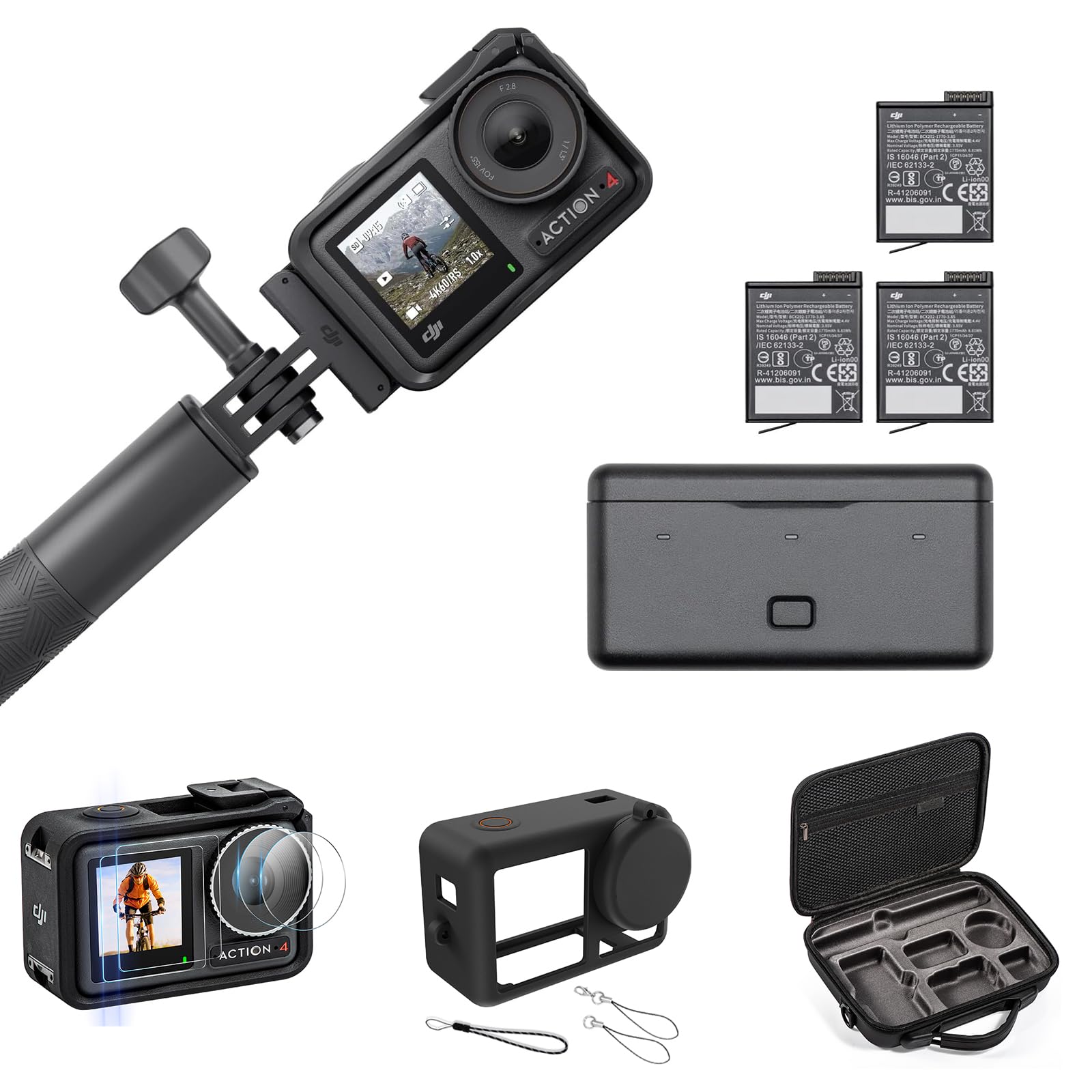 DJI Osmo Action 4 Adventure Combo Sac de rangement + Film blindé + Étui de protection - Caméra 4K/120fps 1/1,3" - Angle de vue 155° - Durée d'autonomie 7,5h - 3