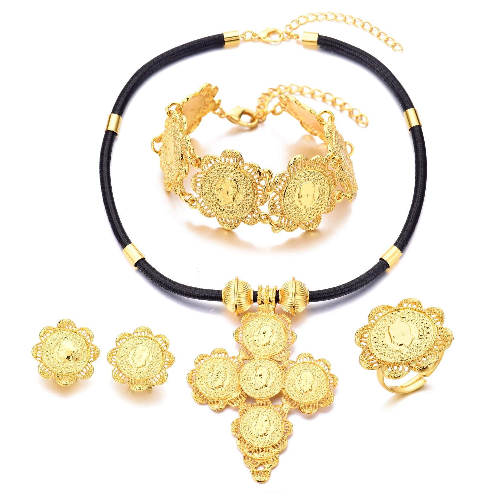 Ethiopian Jewelry for Women Set Gold Big Pendant Earrings Ring Headchain African Habesha Wedding Bride Gifts