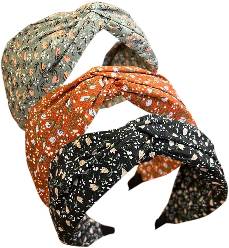 3PCS Headbands for Women's Hair Boho Wrap Tie Fashion Hairbands Elastic Twist Hair Scarf Pretty Bow Tie Hair Bands Wide Alice Hair Bands for Women Uk and Girls (WideFlower)