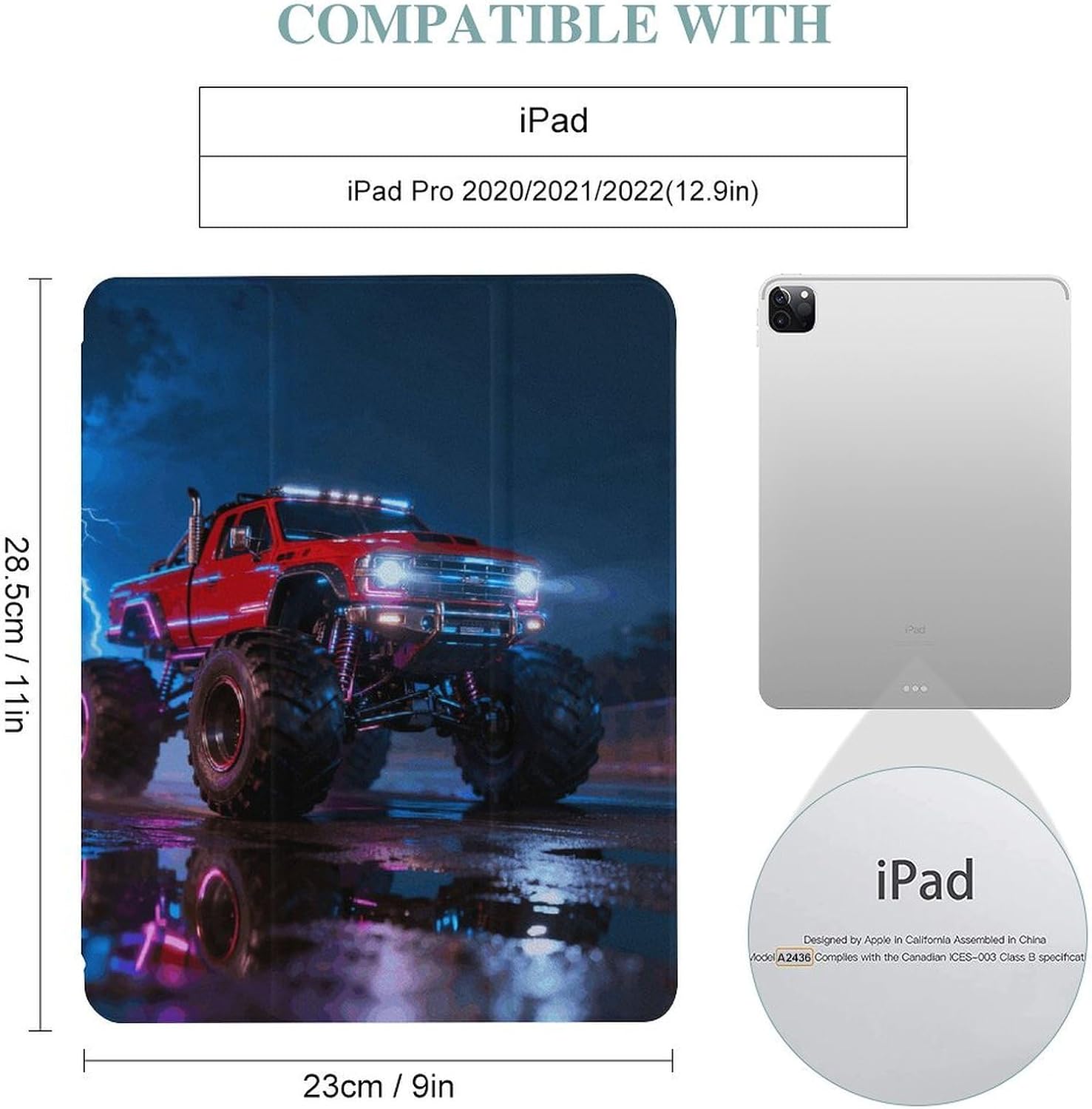 Monster Truck Lightning 12.9 in Trifold for iPad Case with Pencil Holder image 2