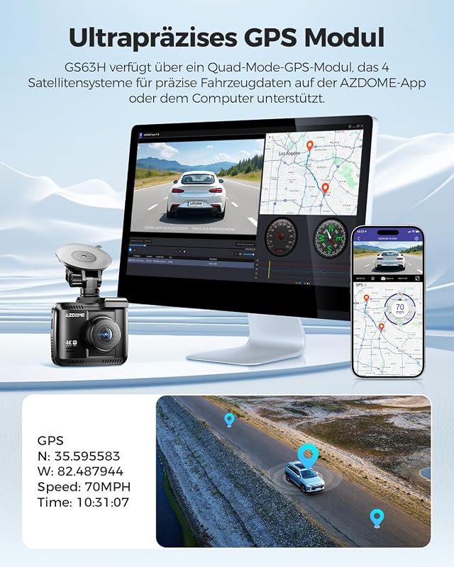 AZDOME Autós Menetrögzítő Kamera 4K Felbontással, WiFi és GPS Funkcióval, Éjjellátó, 170° Széles Látószög, Parkolás Figyelő GS63H