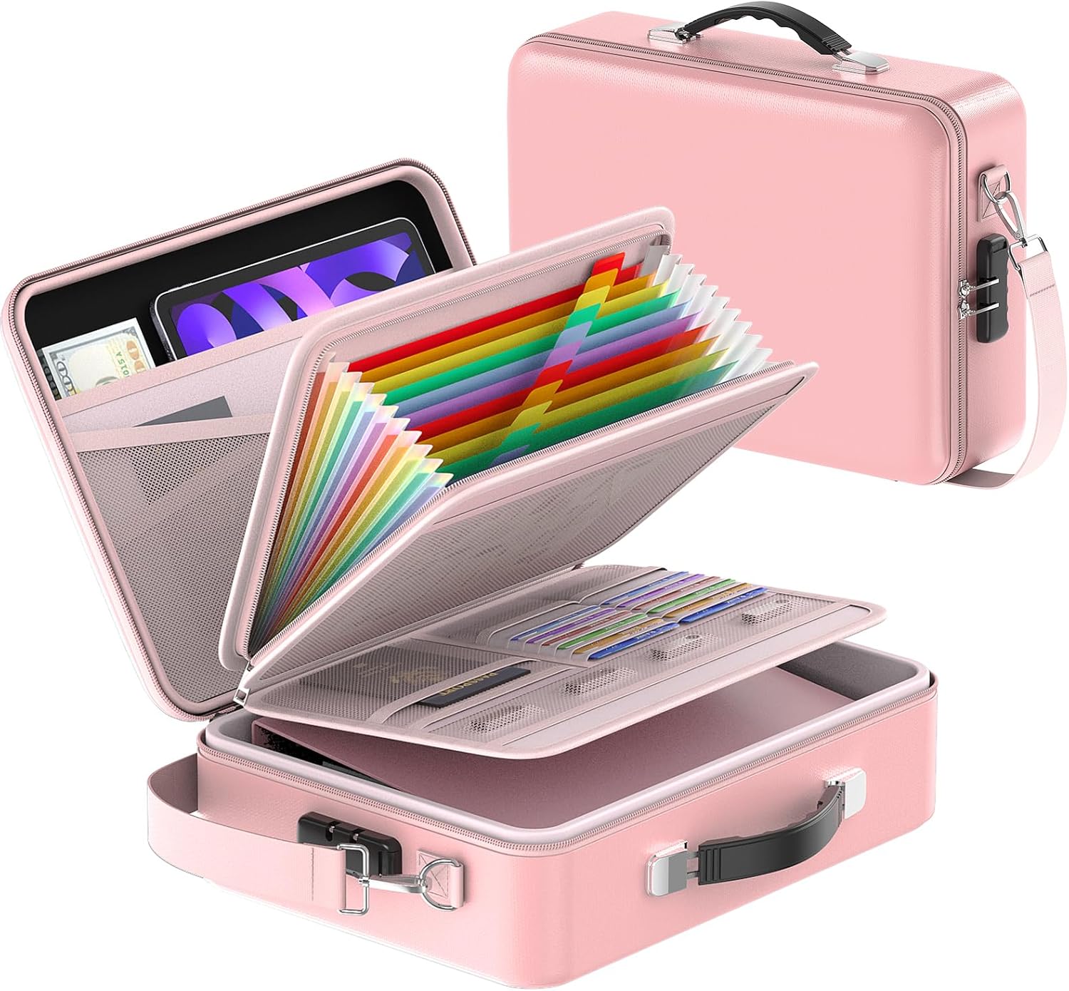 Fireproof Document Box with Lock, Durable Hard Case File Organizer Fire Safe Box, Hard-Shell Design Waterproof Fireproof Safe Important Document Organizer (Pink with Shoulder Strap)