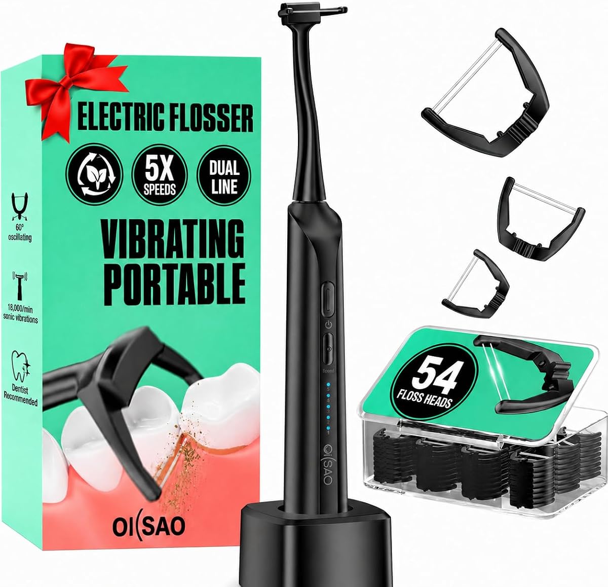 Flosser eléctrico de doble línea, 54 cabezales de recarga, 5 modos, negro | Diseño de doble línea Easy-Glide con 5 modos. Portátil y recargable para el cuidado bucal diario suave, la ducha y los viajes