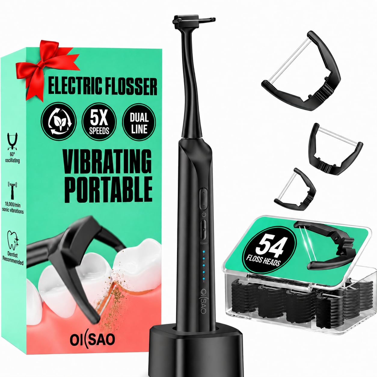 Flosser elettrico (doppia linea e delicato), kit di avviamento Power Flosser con 54 testine di ricarica e 5 modalità, plettri per denti sensibili, denti stretti, molari della schiena e igiene orale
