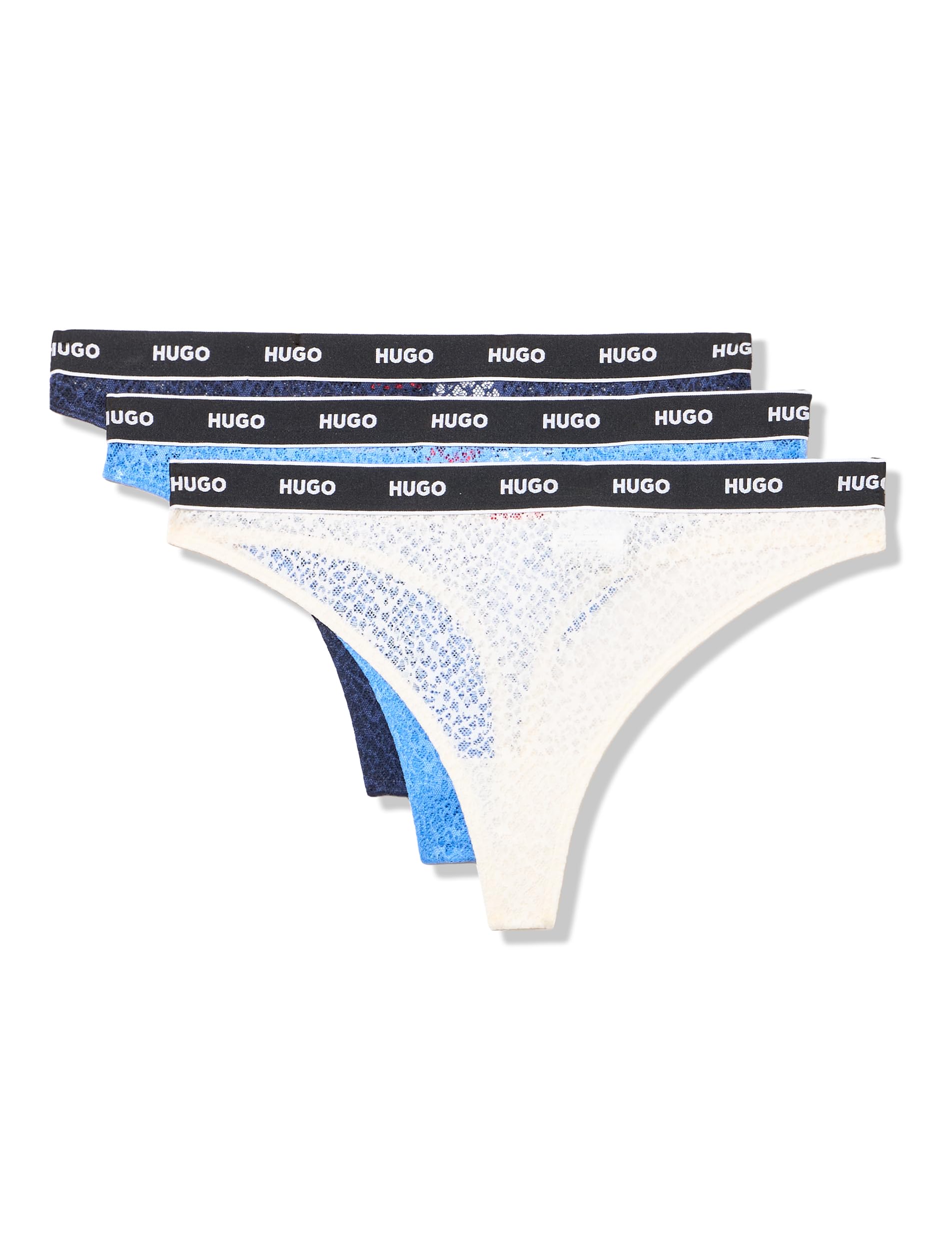 HUGO Women's 3-Pack Repeat Logo Lace Thongs, Soft Cream White / Navy / Forever Blue, M