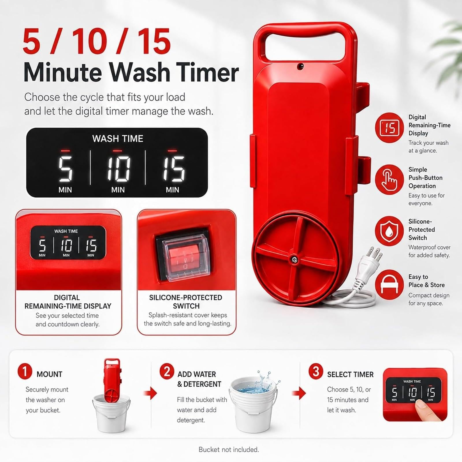 Lavatrice a secchio portatile, lavatrice a secchio da 5 galloni con timer