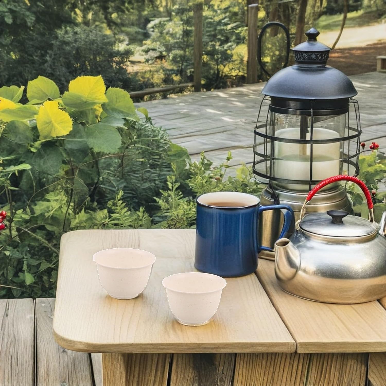 Reusable Plastic Tea Cups Portable and Unbreakable Drinkware Set Mini 48pcs with Organizer Rack for Outdoor Picnic Use
