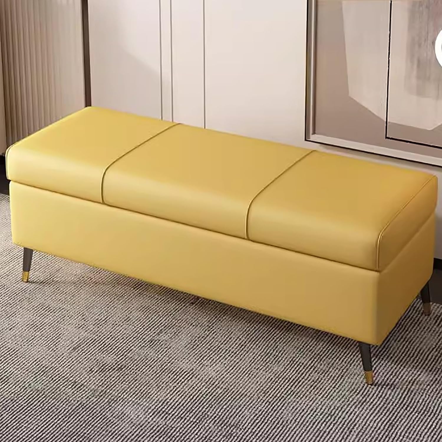 Yellow Leather Storage Bench Entryway Shoe35.4in Pouf for Living Room & HallwayStylish & Functional Storage Solution