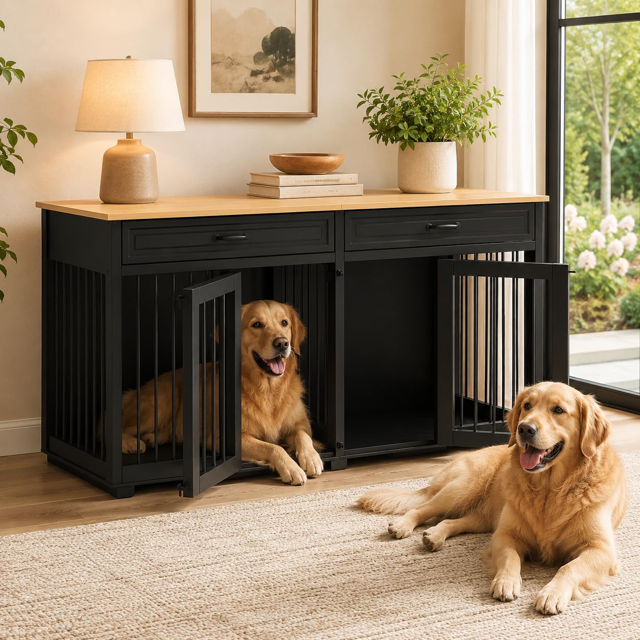 Hundekäfig für Zuhause, Eisen Hundebox,Hundebox XXL,Hundehütte Hundekiste für den Innenbereich,PB-Brett + Bügeleisen mit 2 Türen 164 x 80 x 60 cm, Metall, Schwarz