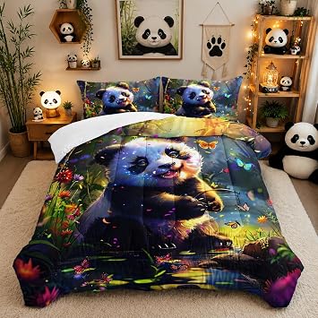 Kawaii Black White Panda Comforter 3Pcs Panda Animal Themed Bedding Full Butterfly Bamboo Forest Quilt Set for Kid Teen Girl Boy Flower Botanical Bed Decor with 1 Comforter and 2 Pillowcases