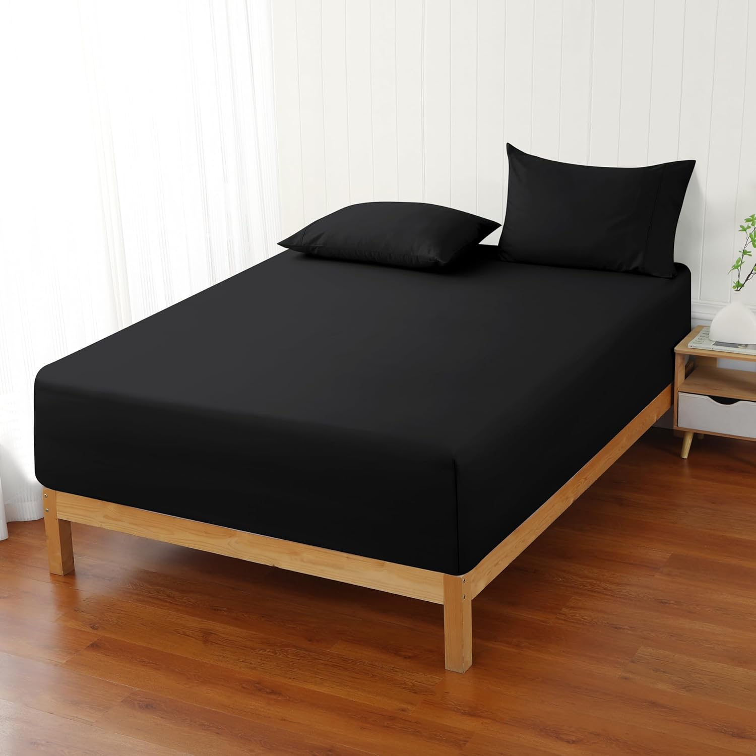 Zaizaihome 600 Thread Count Fitted Sheet King Size, 100% Egyptian Cotton, 3-Piece Set (1 Fitted Sheet, 2 Pillowcases), Sateen Weave, Ultra Soft Breathable,16" Deep Pocket Bed Sheet, Black