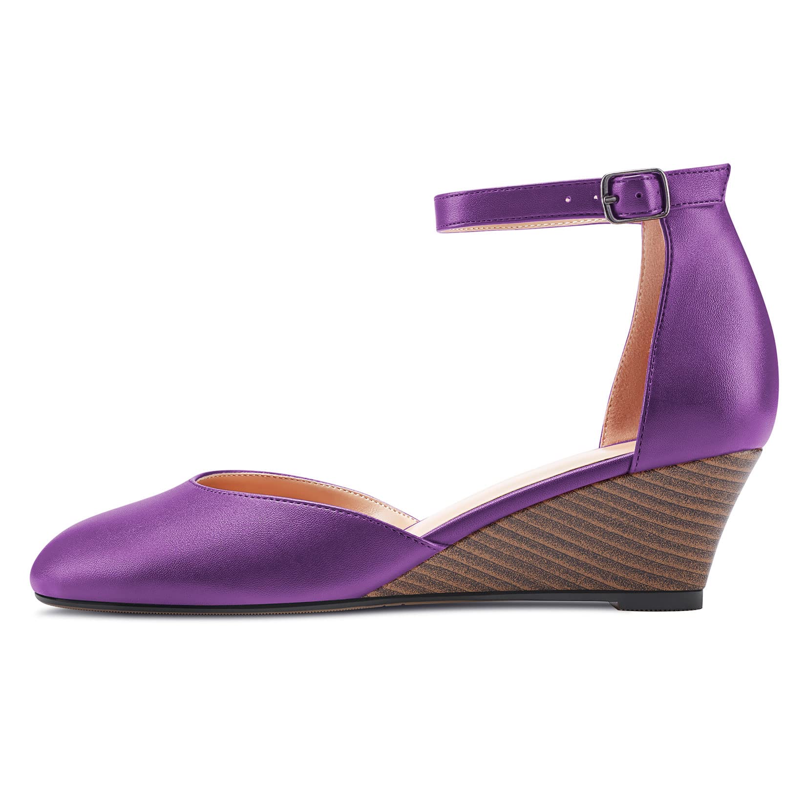 NobleOnly Mujer Medio cuña esparto Heel Redonda Punta Correa Tobillo Sandalias Cute Dress Oficina 5 CM Heels Pumps