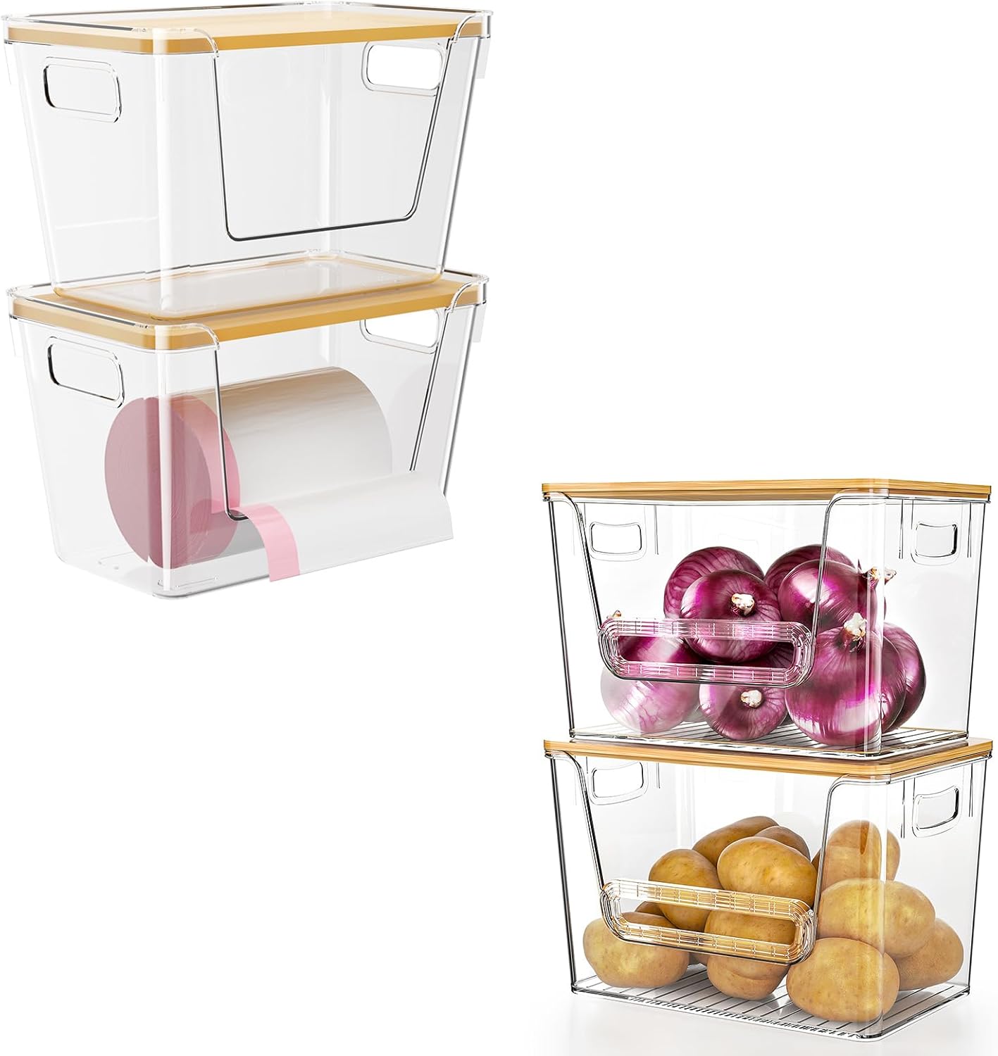 Delamu 2 Pack Stackable Trash Bag Dispenser with Bamboo Lid,Space-Saving Under Sink Organizers&Pantry Storage