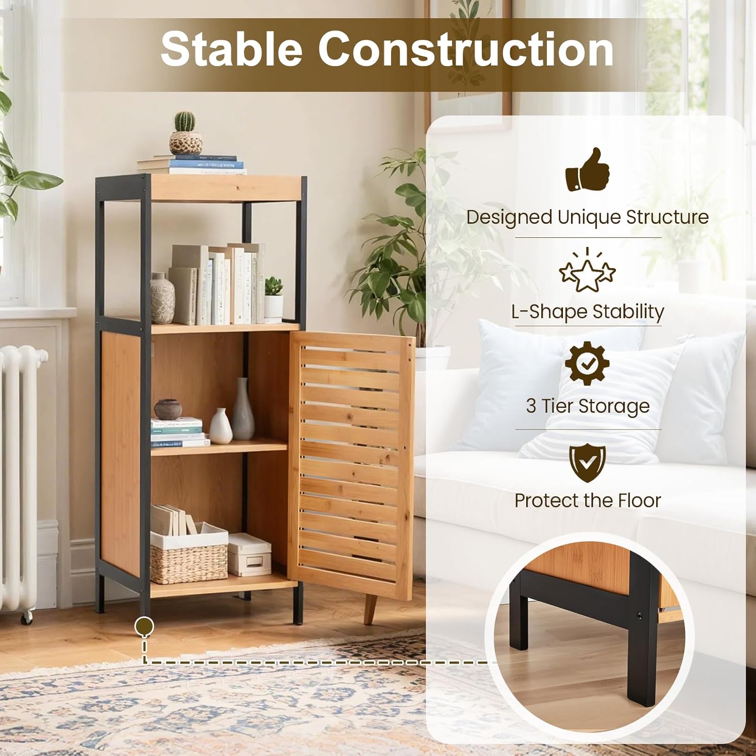 35" Bamboo Bathroom Storage Cabinet with Open Shelf, Solid 3 Tier Freestanding Floor Cabinet with Sliding Door, Waterproof Bamboo Organizer for Bathroom, Kitchen, or Entryway