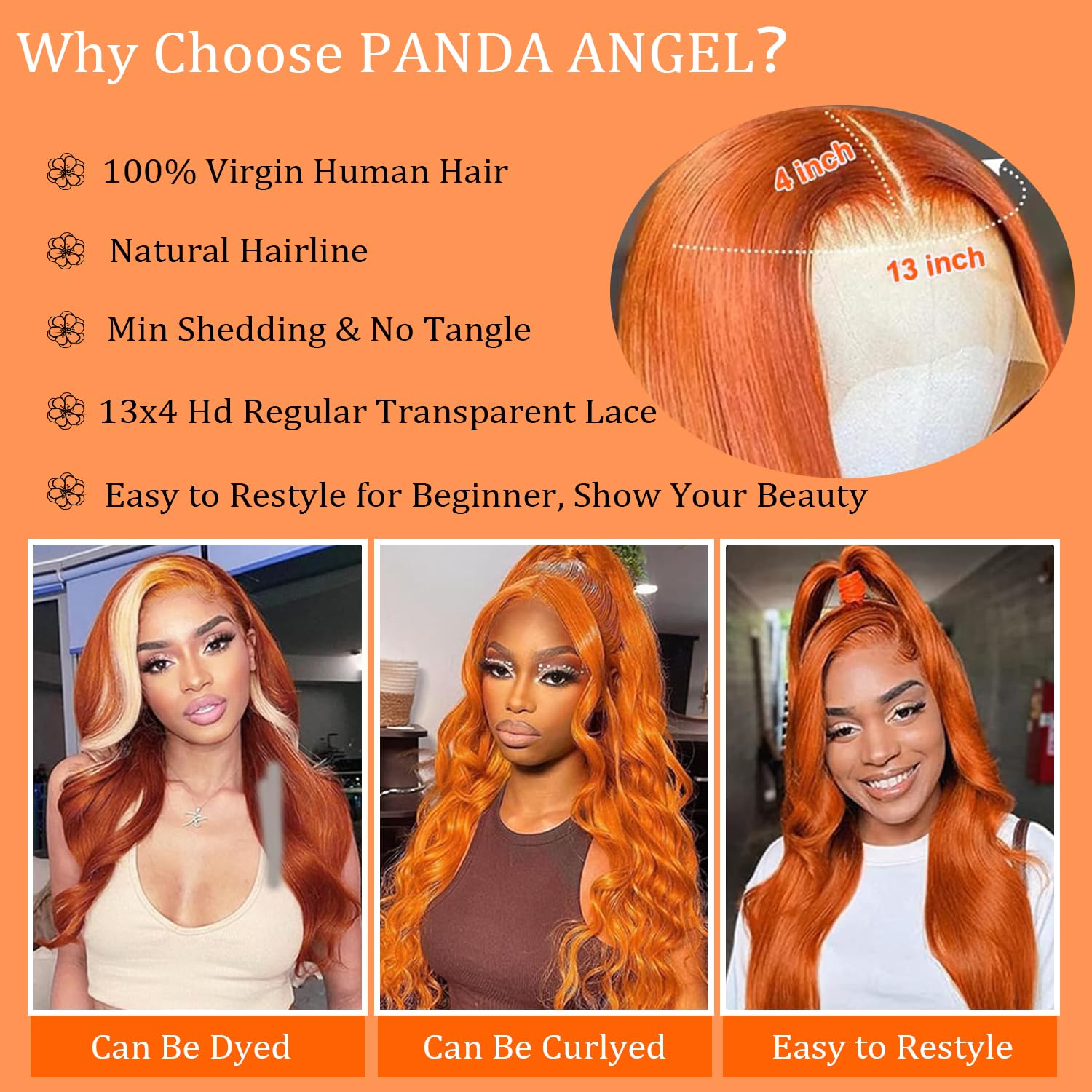 PANDA ANGEL 30 Inch Ginger Orange Lace Front Wigs Human Hair Straight 13x4 Hd Transparent Lace Frontal Wig for Women Glueless Wear and Go Ginger Lace Front Wigs Human Hair 350# Colored Straight Wig