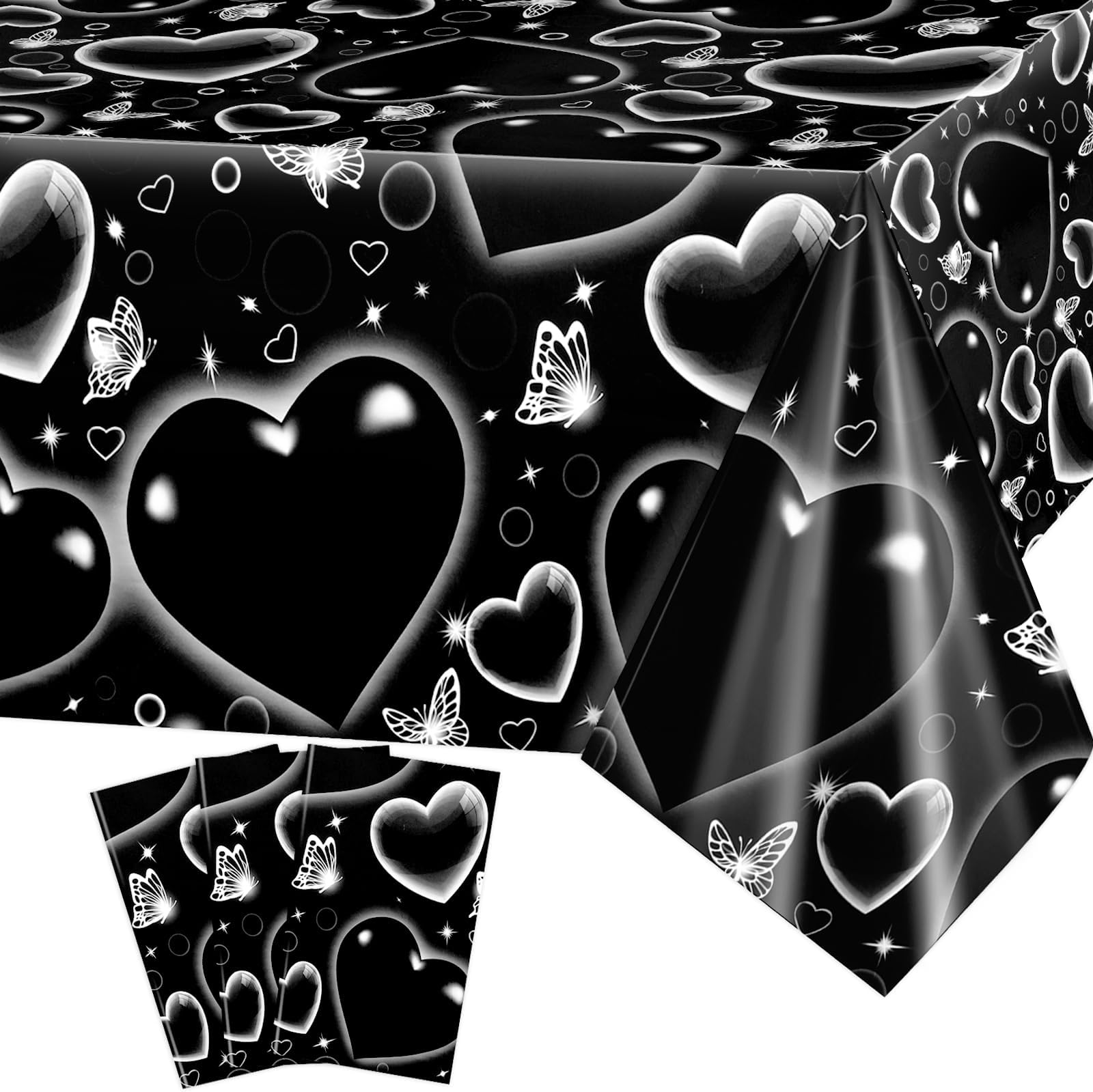 PHOGARY Black Heart Early 2000s Table Cloth, Plastic Tablecloths Valentine's Day Birthday Party Table Cover for Kids, Old School Tablecovers Rectangle Cholo Party Decorations, 3 Pack 51" x 87"