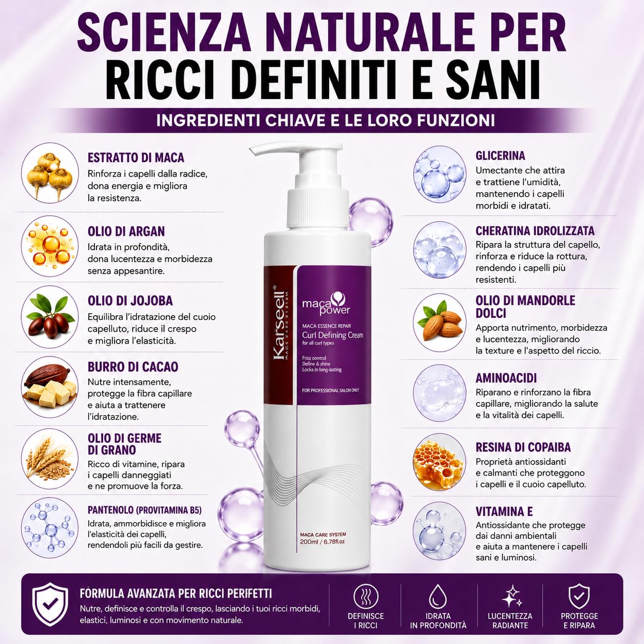 Karseell MACA CARE SYSTEM Crema Definizione Ricci Ravviva Boccoli Trattamento Idratante Riparatore Capelli Mossi Anticrespo Nutrizione Profonda Cheratina Olio Argan Oliva Mandorle Professionale 200ml