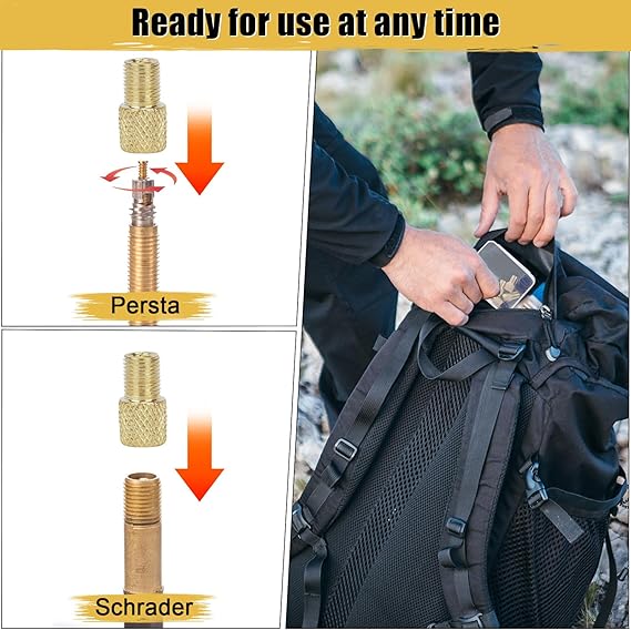 4 PCs Brass Presta Valve Adapter - Convert Presta to Schrader for Bike, e-Bike, e-Scooter - Inflate Tire with Standard Pump & Air Compressor - with 4 Valve Caps