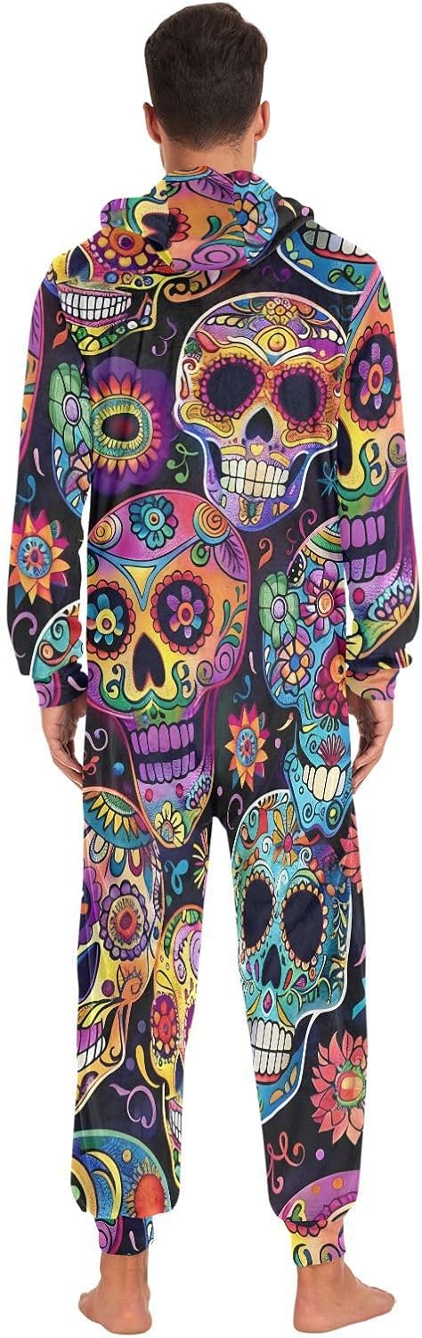 ALAZA Sugar Skulls Day Of Dead Adult Onesie Pajamas Set for Men Women Hooded Costume One-Piece Sleepwear Jumpsuit