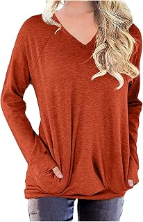 Ladies Tops Oversized Long Sleeve Pockets Shirts Tunic Tee Shirts Workout Basic T Shirts Casual Loose Fit Slouchy Sweatshirts Solid Color V-Neck Comfy Classic Tops for Holiday Vacation Traveling
