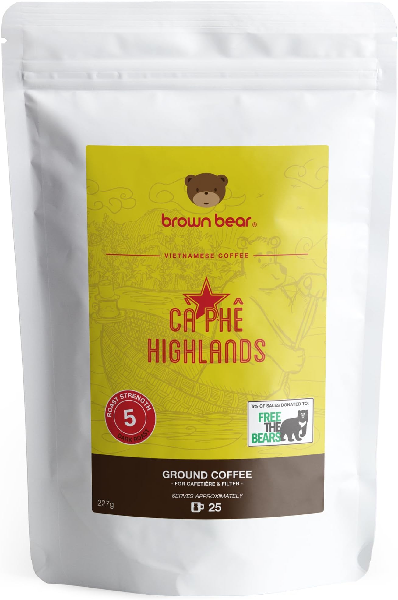 Vietnamese Ground Coffee 227g - Very Strong Dark Roast Vietnam Robusta - Strength 5 - For Coffee Machines & Vietnamese Phin Ca Phe Drip Filter & French Press - Brown Bear - Donation To Free The Bears