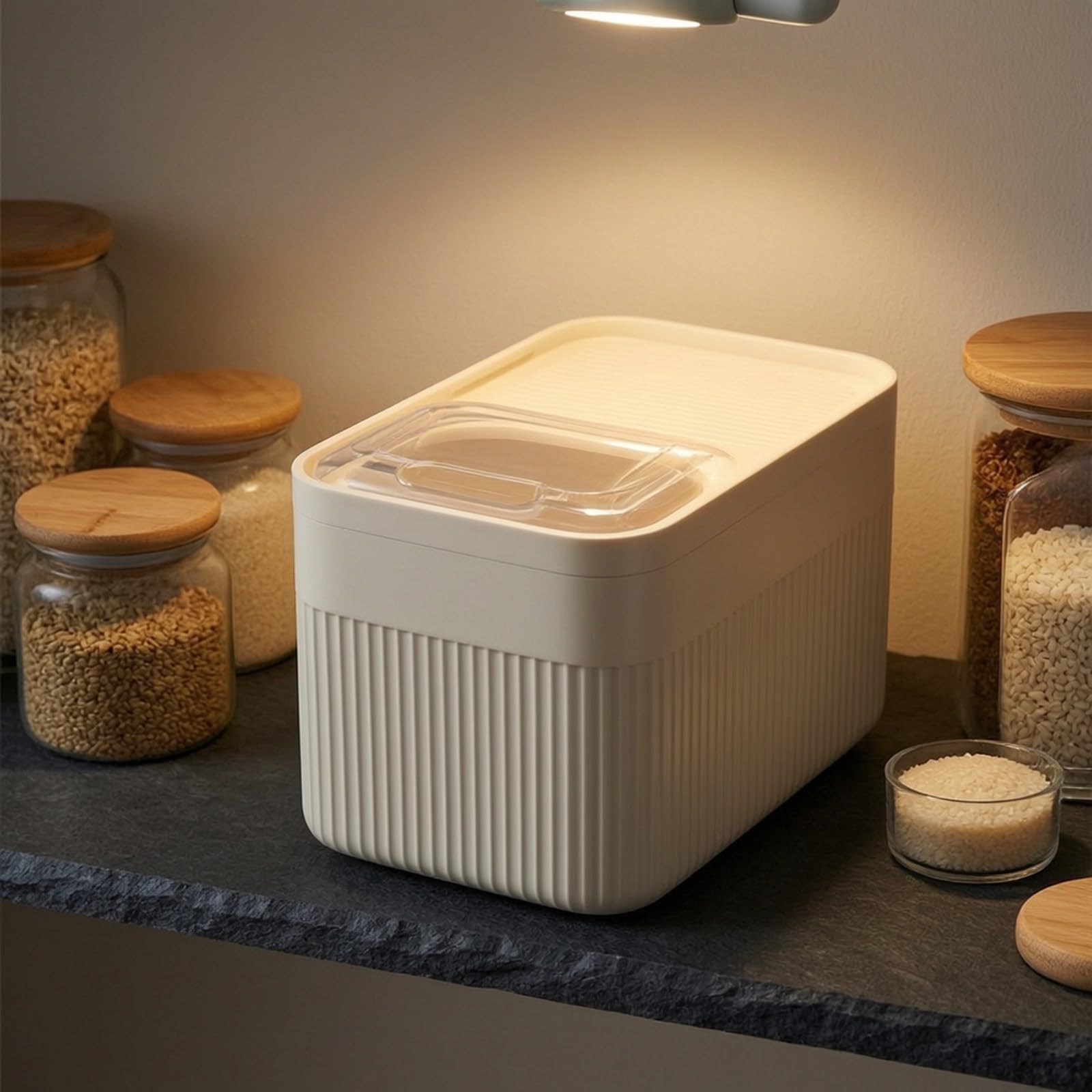 Contenitore per Riso e Coperchio Compatto, Dispensatore di riso e Dosatrice, Ermetico, per ripostiglio, Trasparente, 5KG