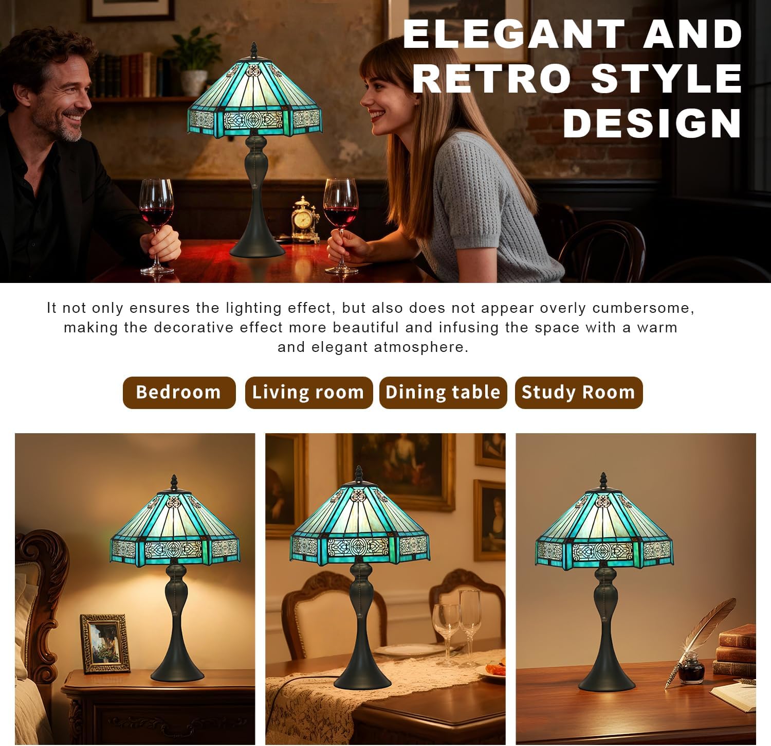 Tiffany Style Table Lamp, Stained Glass Lamp, 12x12x19 Inch, Vintage Metal Base Desk Light,（Green）