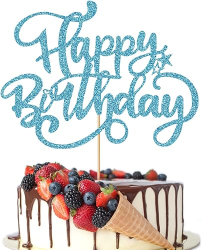 Crseniny Decoración para pastel de cumpleaños, decoración de cumpleaños con purpurina azul, suministros de decoración de fiesta de aniversariofiesta