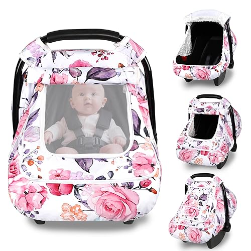 Funda de asiento de automóvil de invierno para bebé con sombrilla y ventanas con doble cremallera, forro de burbujas Minky resistente al viento,