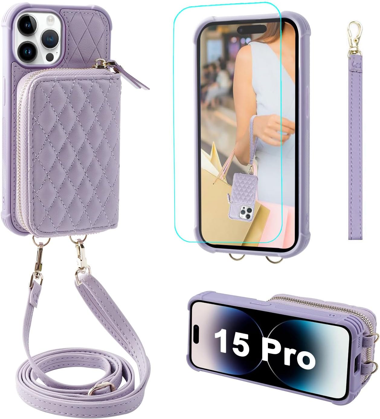 MONASAY Zipper Wallet Case Compatible for iPhone 15 Pro,[Glass Screen Protector ][RFID Blocking] Flip Leather Handbag Phone Cover with Card Holder and Detachable Crossbody Lanyard Strap, Light Purple