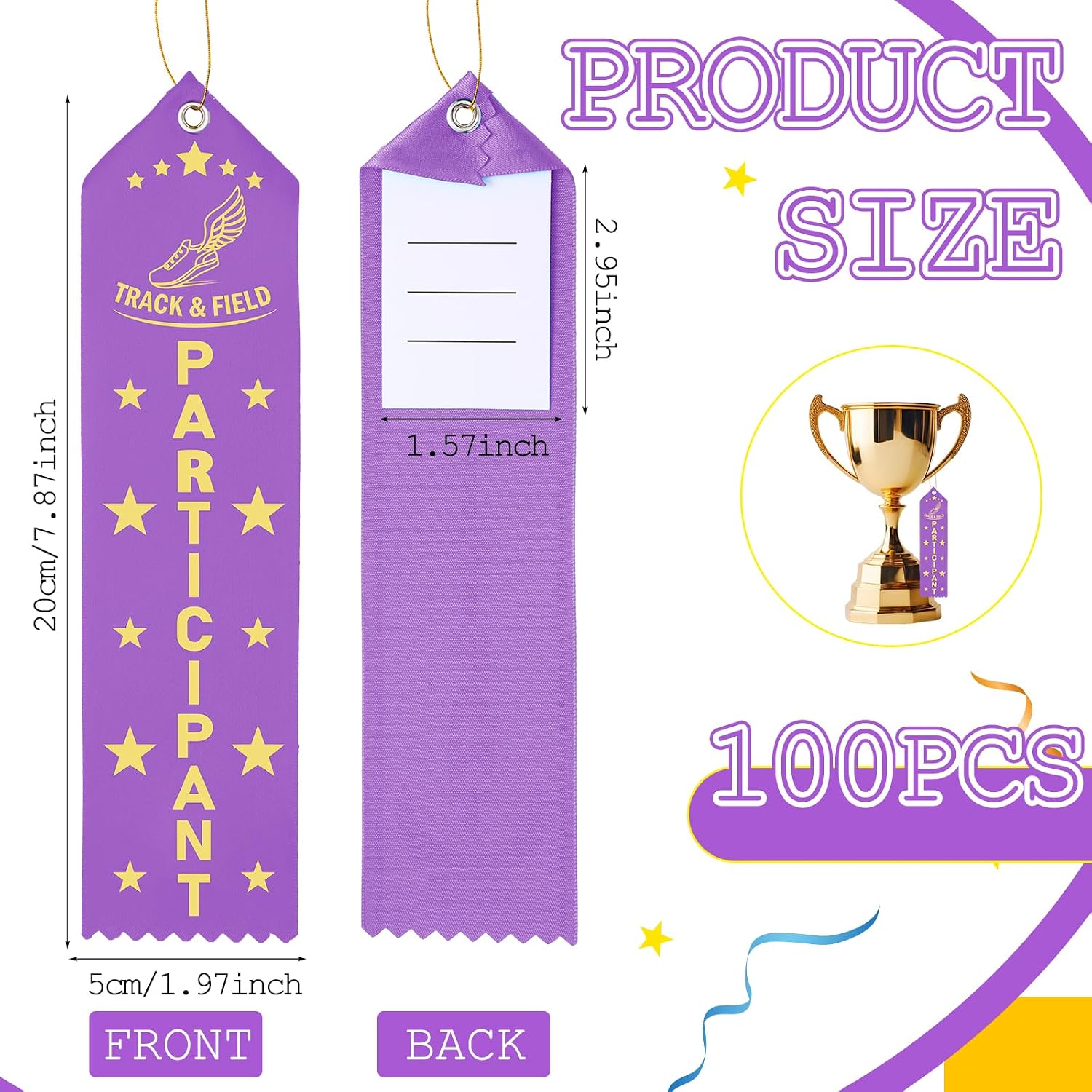 Tingjoo 100 Pcs Track and Field Participant Award Ribbon 8" x 2" Prizes Ribbons Bulk with Card and String Prize Gift for School Competitions Sports Tournaments Competitions Classroom Study Supplies