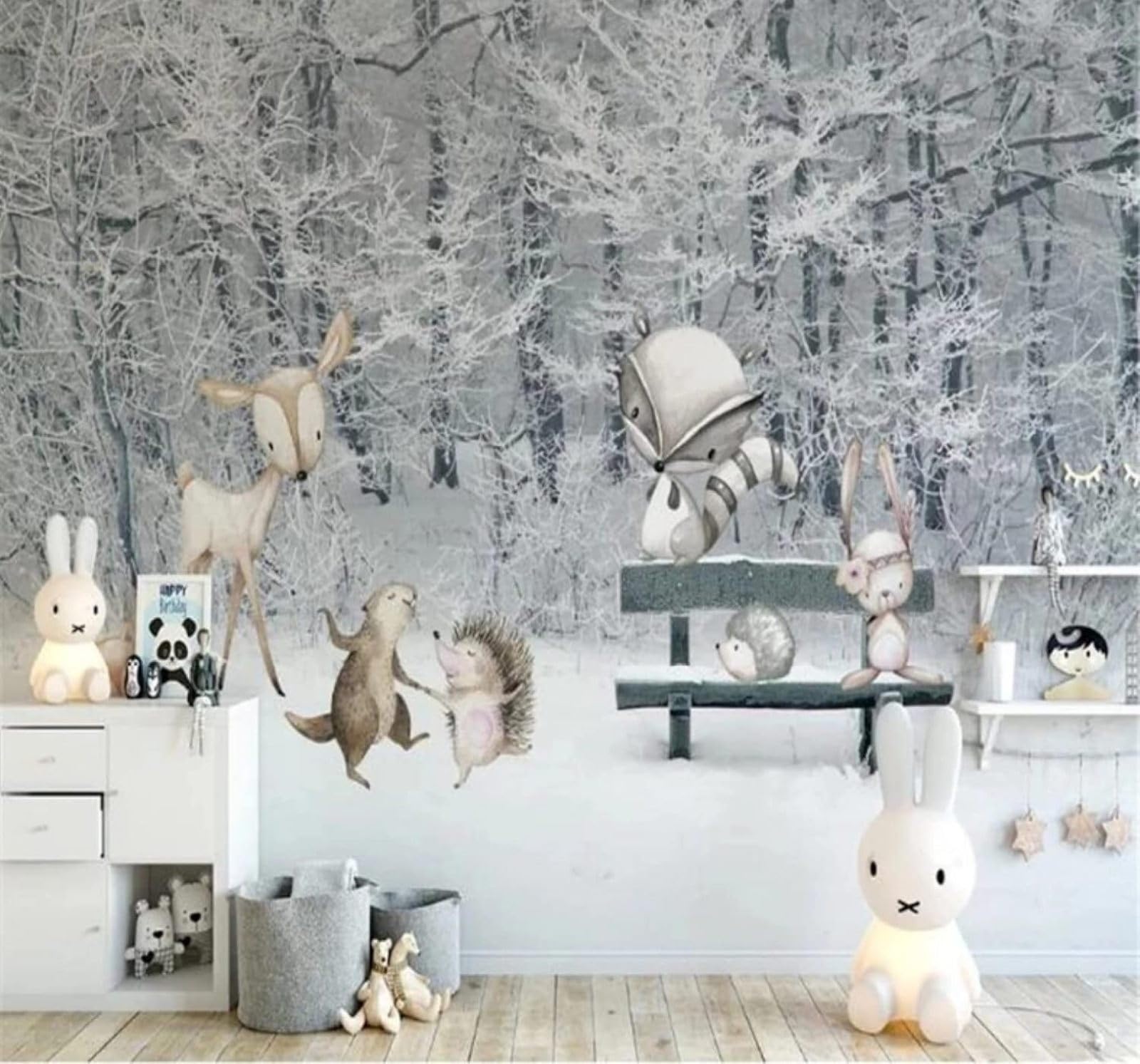 Wallpaper-3D-Xlm 430Cm×300Cm(B×H) Beautiful Forest Snowy Scenery Cartoon Animals 3D Wallpaper Easy Install Feature Office Living Room Sofa Bedroom Tv Background Wall Decoration-430Cm×300Cm