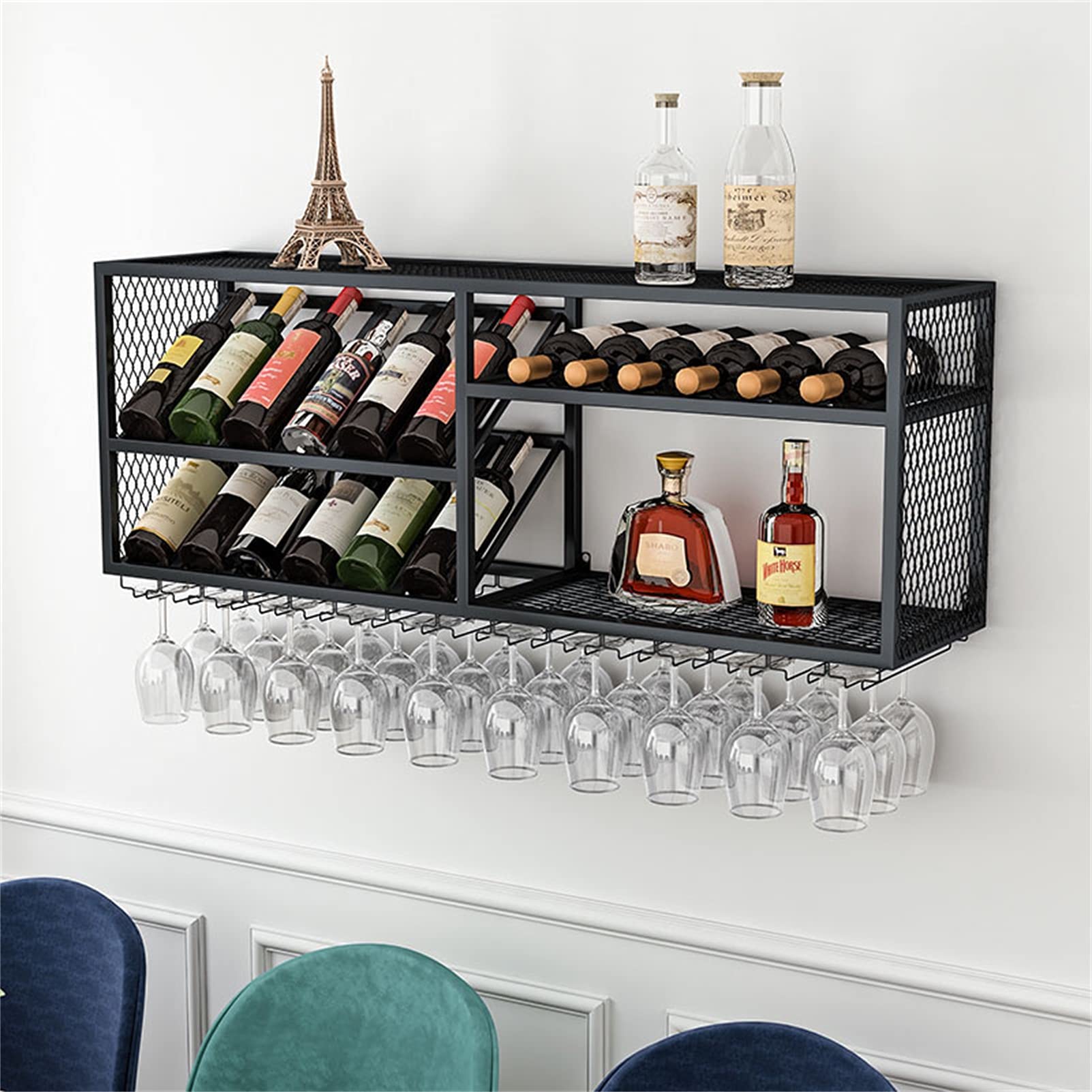 Porte-bouteilles mural avec support à verres en métal de 100 cm