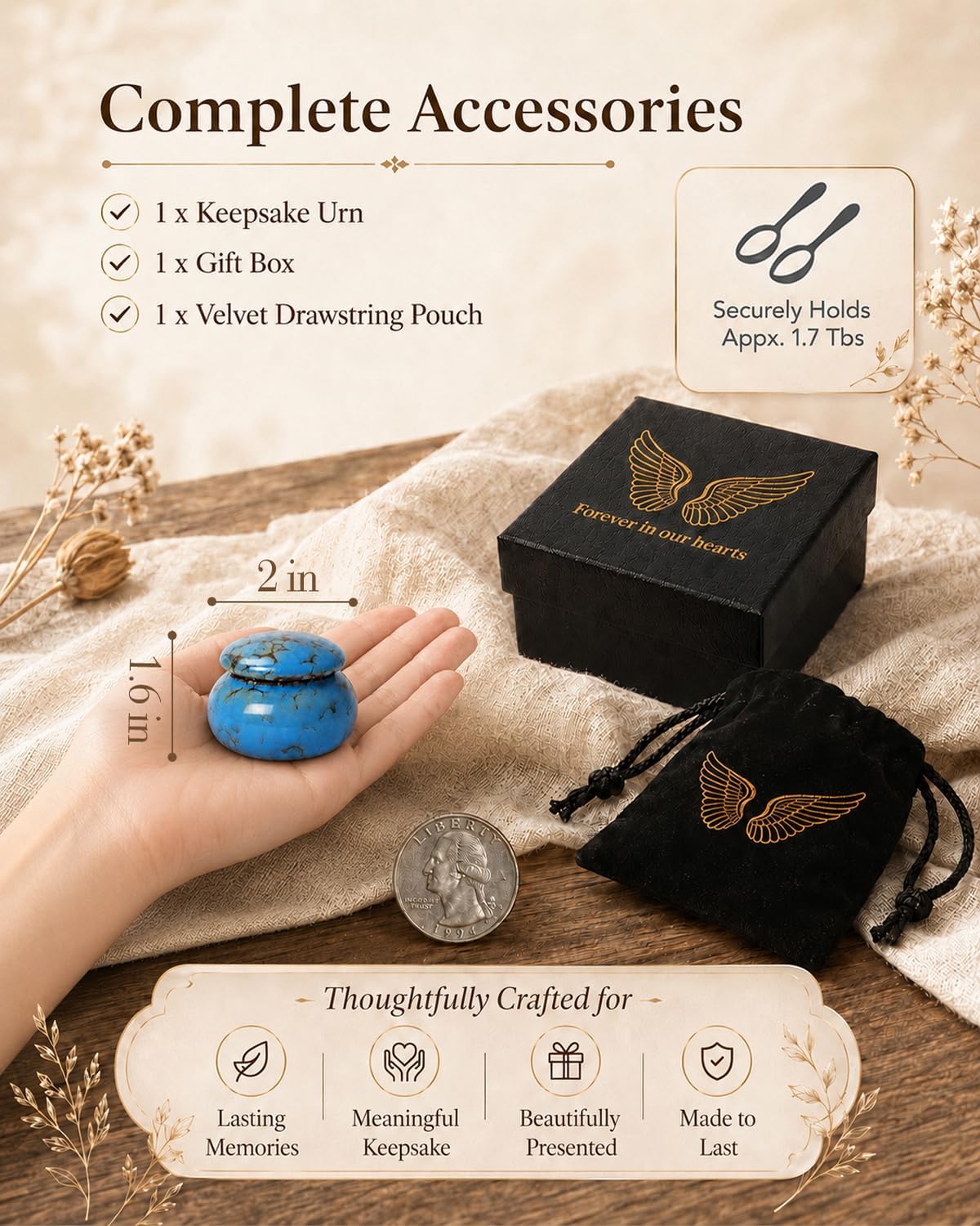 CHONOVO Small Ceramic Keepsake Urn, 1.6'' with Velvet Bag and Box