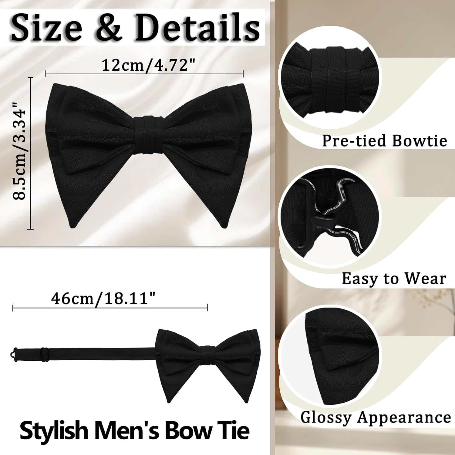 Oversized Bow Ties for Men, Satin Mens Bowties Adjustable Pre-tied Bowtie for Wedding Party Concert Date - Image 3