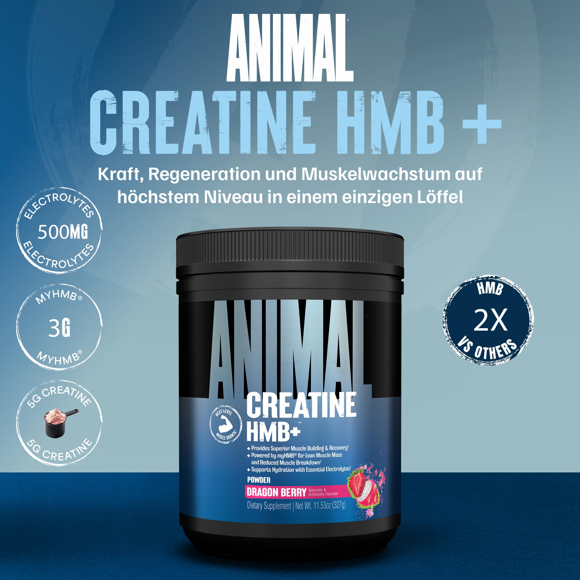 ANIMAL Creatine HMB+ - Kreatin-Monohydrat-Pulver mit HMB & Elektrolyten - unterstützt Muskelwachstum, Regeneration & Ausdauer - mit Dragon Berry, 30 Portionen