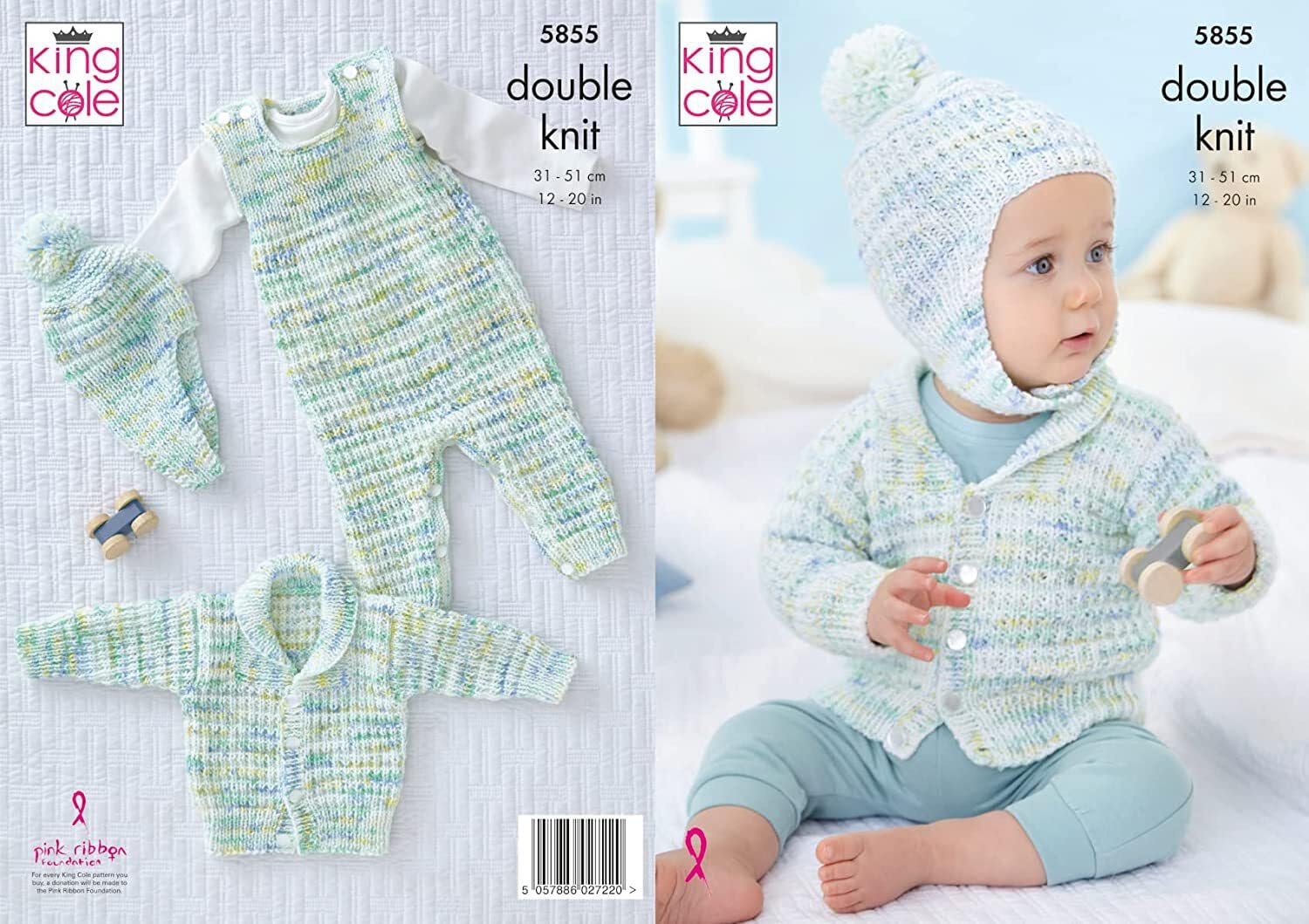 King Cole Little Treasures Dk Knitting Pattern 5855, Jackets, Dungarees, Headwear For Baby, 12 - 20 Inches
