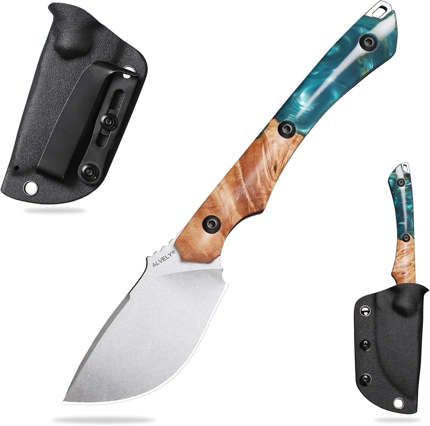 7.3''Men's Tactical Knife, DC53 Steel Fixed Blade with Tactical K-Style Sheath, Resin-fused maple wood knife handle，Ideal for Outdoor Survival, EDC Camping & Hunting, Mountaineering, Travel, and Fishing Utility Knife (Light blue)