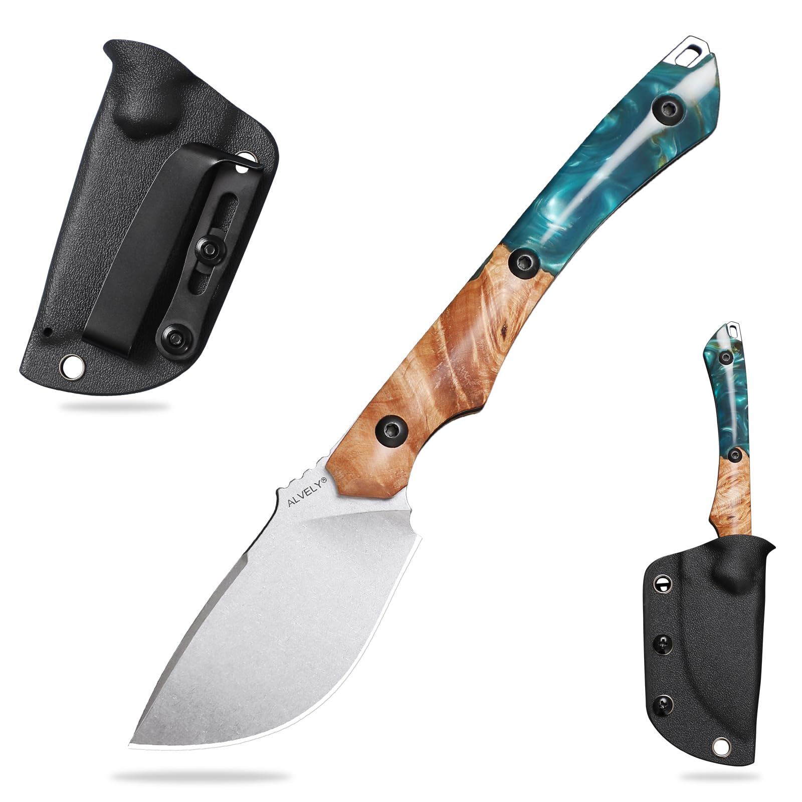 7.3''Men's Tactical Knife, DC53 Steel Fixed Blade with Tactical K-Style Sheath, Resin-fused maple wood knife handle，Ideal for Outdoor Survival, EDC