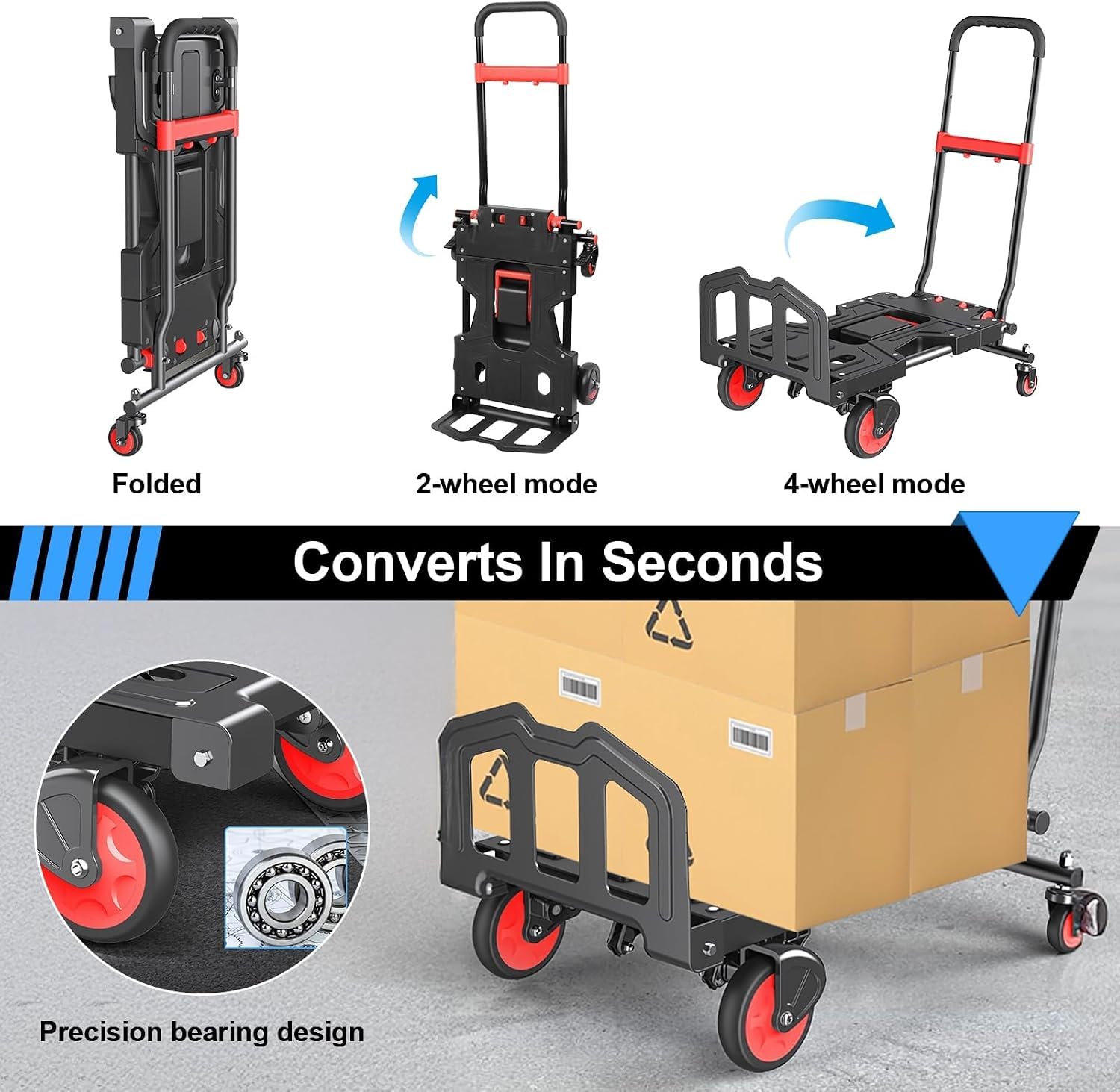 Carrello multiuso pieghevole, carrello per carichi pesanti, capacità di 150 kg, con maniglia regolabile e 4 ruote, per traslochi e shopping.