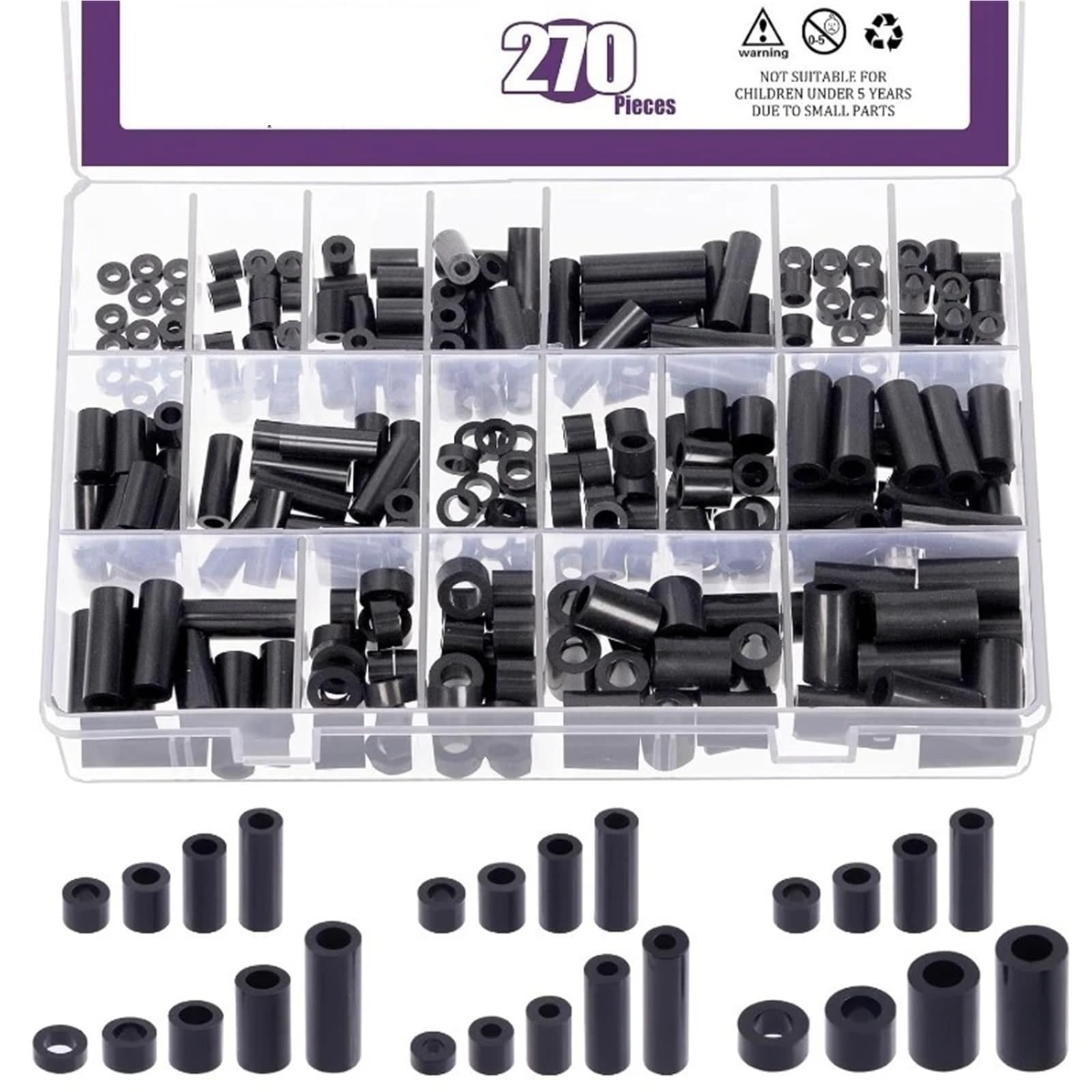 Abstandshalter, 540 Stück, 18 Größen, schwarz/weiß, Nylon, rund, Schraubenmuttern-Sortiment-Set for M3, M4, M5, M6, Schrauben, Prototyping(Black)