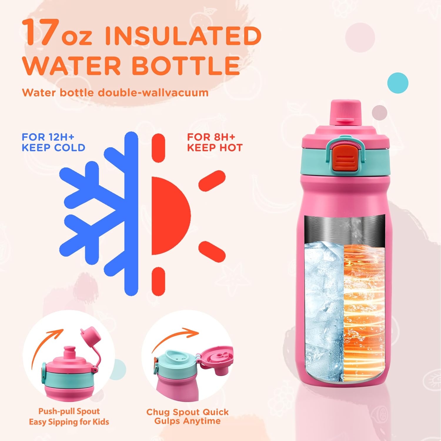 MAISON HUIS Bento Box for Kids with 8oz Soup Thermo, Insulated Lunch Bag & 17oz Water Bottle, 2-Compartment Bento Box with Built-In Ice Pack, Leak-Proof & BPA-Free (Pink)