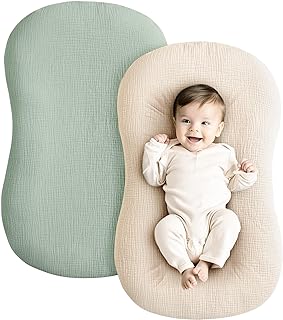 Muslin Baby Lounger Cover 2 Pack, 100% Cotton Newborn Lounger Cover, Soft and Breathable Baby Nest Slipcover for Boys Girls (Green,Wheat)