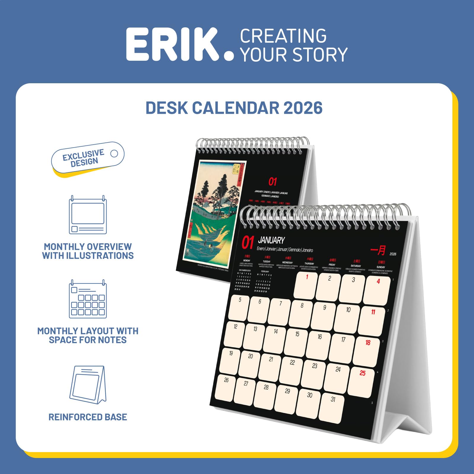 Grupo Erik Desk Calendar 2026 - Hiroshige Calendar 2026 Month To View | Monthly Desk Planner, Desktop Gifts Under 10 Pounds | Japanese Art Gifts For Friends