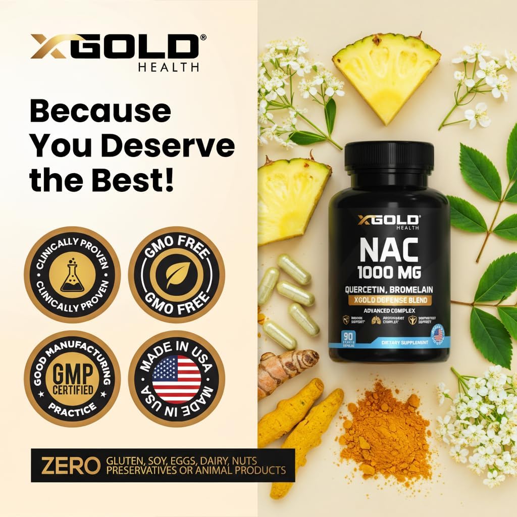 XGold Health NAC 1000 mg with Quercetin 95%, Bromelain, Zinc, Vitamin C, D3 & K2 Immune Support & Antioxidant Supplement Advanced Defense Blend 90 Veggie Capsules
