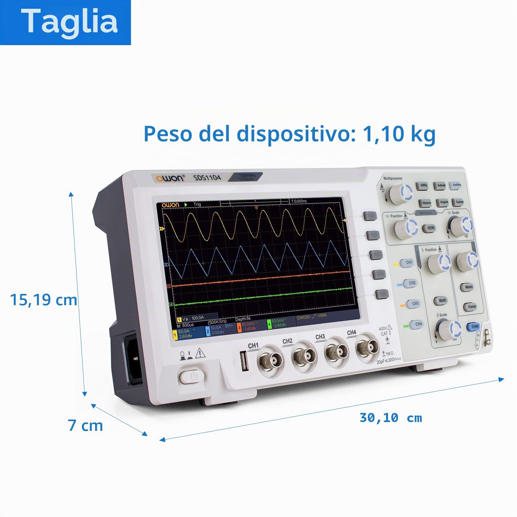 OWON SDS1104 Oscilloscopio digitale a 4 canali larghezza di banda 100 MHZ, frequenza di campionamento 1GS/s, corpo ultrasottile con LCD ad alta risoluzione da 7 pollici
