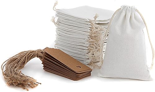 Miniatura 1 de FILIFALA 30 bolsas de algodón de muselina, bolsas de tela blanca con cordón, bolsas de regalo reutilizables, bolsas de almacenamiento de muselina