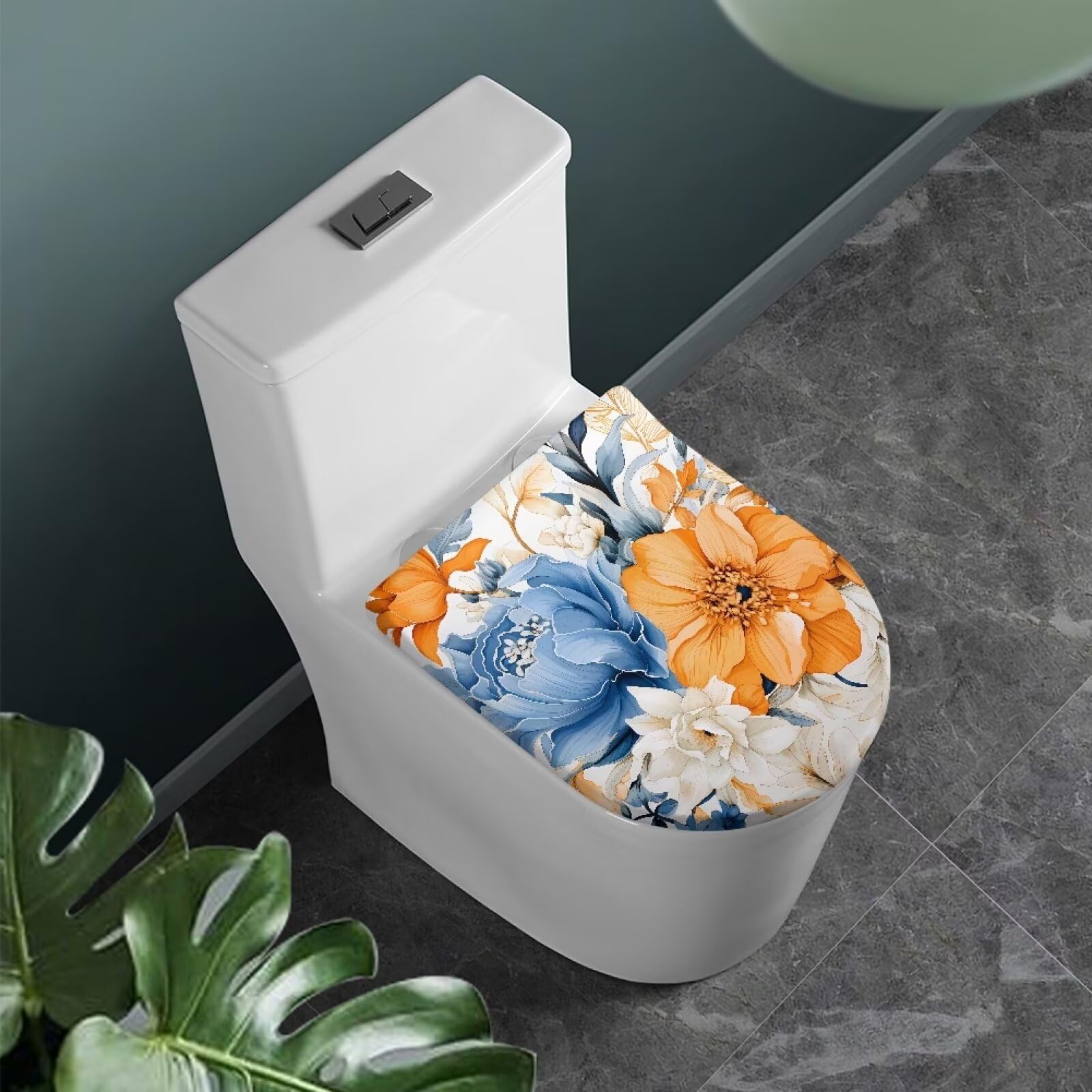 Wiryuouvt Blue Flowers Toilet Lid Cover Orange Flowers Toilet Seat Lid Covers Set Cover for Toilet Seat Universal Toilet Tank Lid with Retractable Belt Decoration Washable
